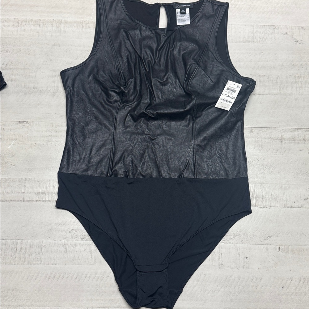 INC International Concepts Black Faux Leather Sleeveless Bodysuit nwt